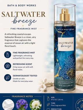 Bath & Body Works Saltwater Breeze Body Mist Blue Gold - OS